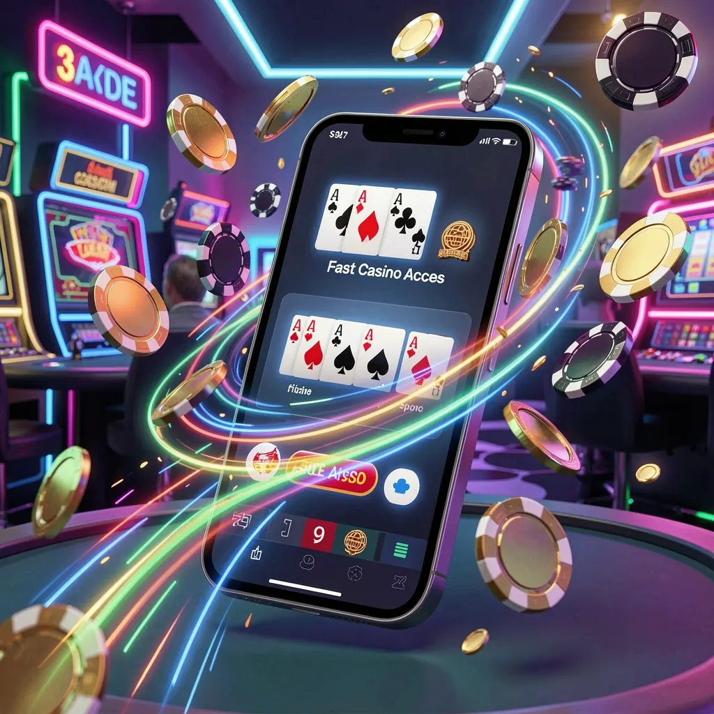 Smartphone displaying the TK868 fast casino app with dynamic speed light trails, flying coins and chips against a modern neon casino background in a 3D render