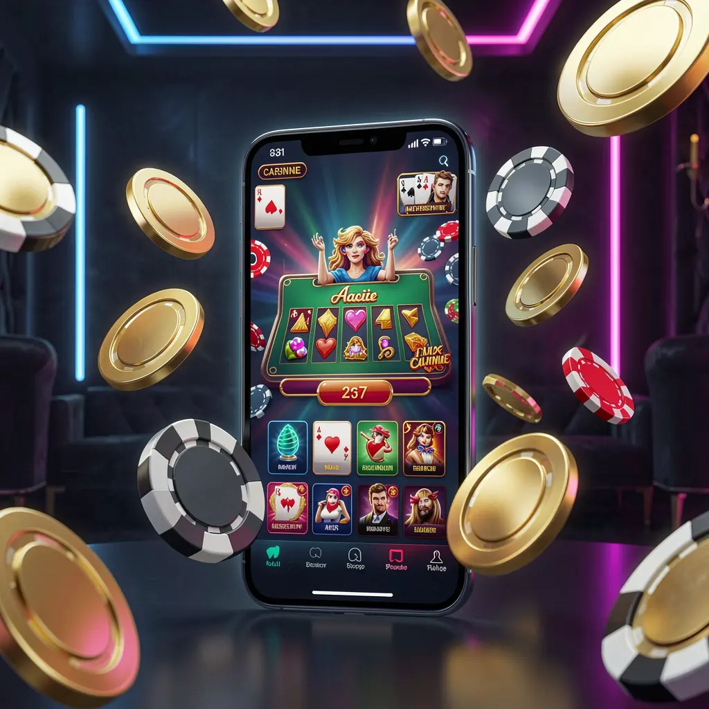 TK868 online casino mobile app hero banner featuring a modern smartphone with glowing casino interface, golden coins and poker chips flying around against a dark luxury background with neon accents
