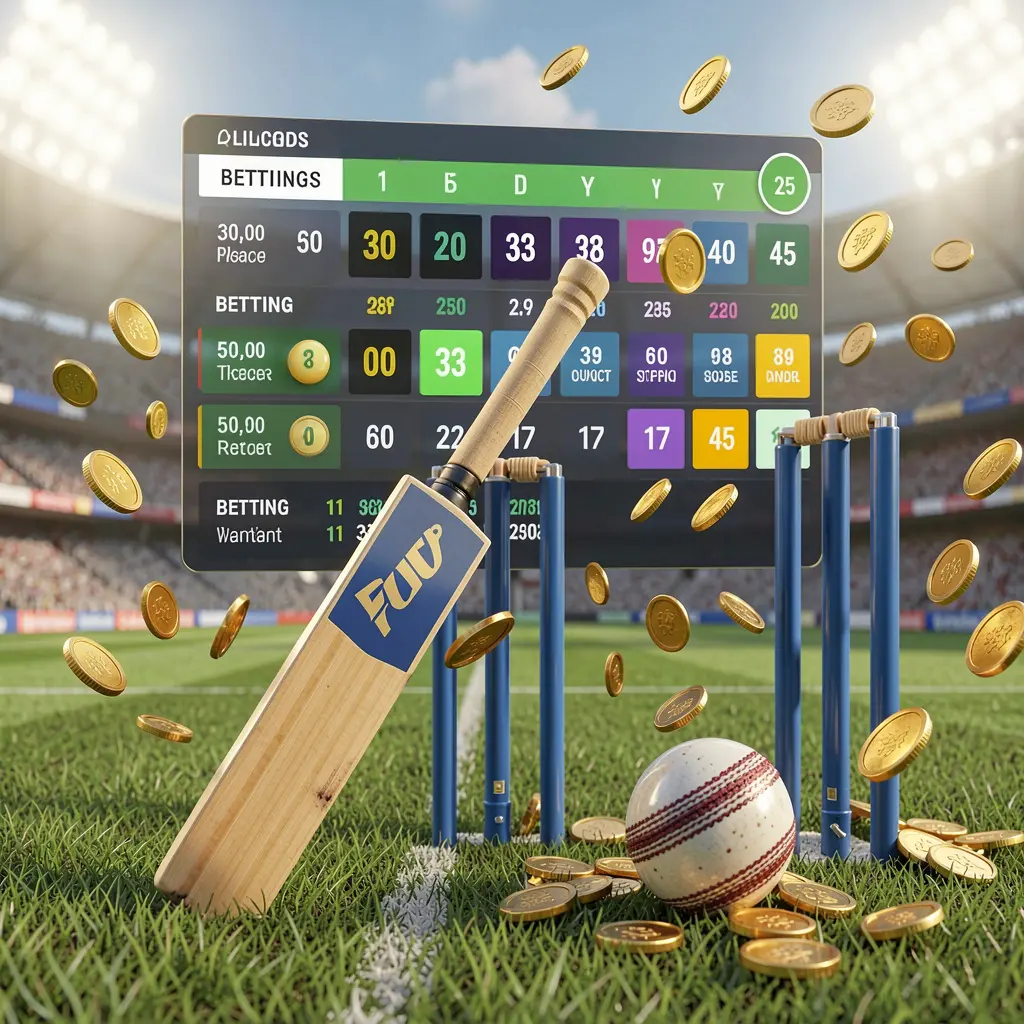 Realistic 3D illustration of a cricket bat, cricket ball, and wickets on stadium grass with floating betting odds interface and golden coins flying, representing TK868 sports betting page in Bangladesh Realistic 3D illustration of a cricket bat, cricket ball, and wickets on stadium grass with floating betting odds interface and golden coins flying, representing TK868 sports betting page in Bangladesh