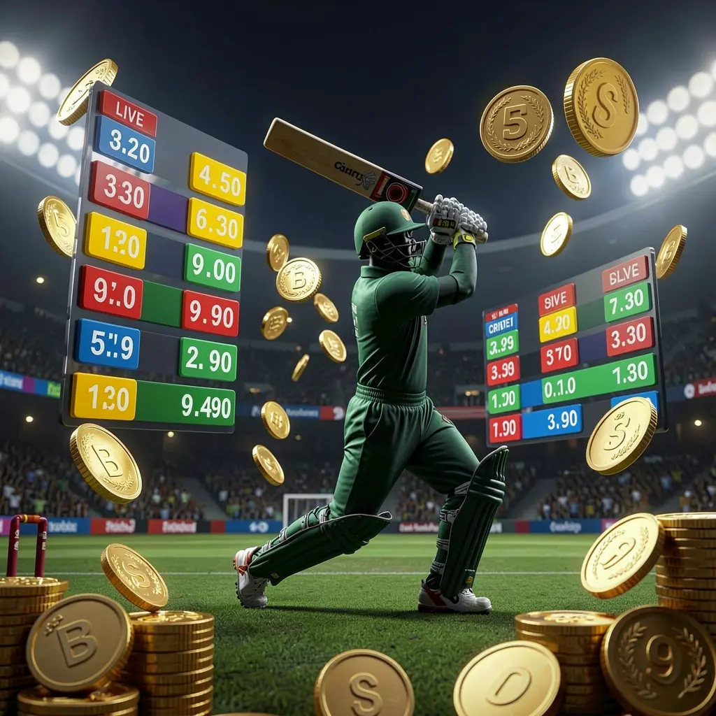 TK868 live cricket odds visual featuring a cricket player silhouette batting under stadium lights with floating odds graphics and golden coins on a premium dark sports background in a realistic 3D render TK868 live cricket odds visual featuring a cricket player silhouette batting under stadium lights with floating odds graphics and golden coins on a premium dark sports background in a realistic 3D render