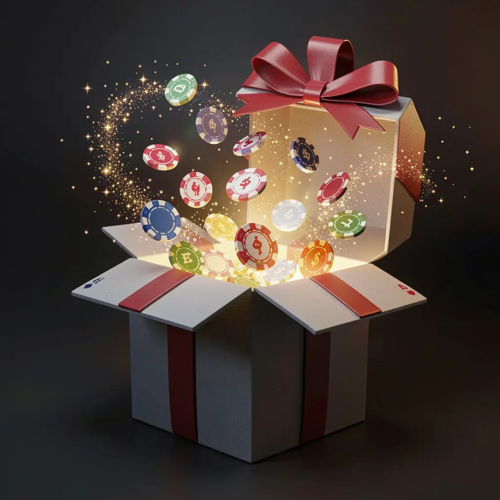 TK868 no deposit bonus visual showing free casino chips emerging from a glowing gift box with magical sparkles on a dark premium background in a realistic 3D render TK868 no deposit bonus visual showing free casino chips emerging from a glowing gift box with magical sparkles on a dark premium background in a realistic 3D render