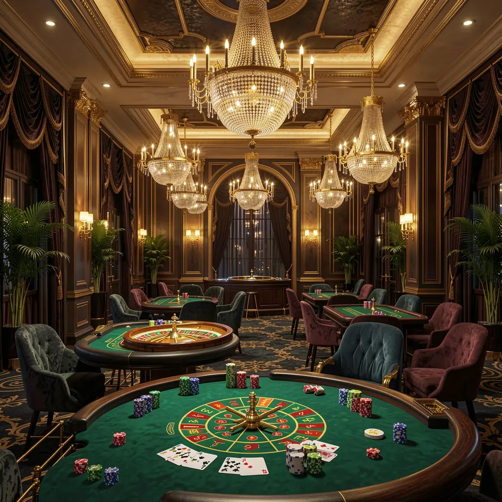High-end casino lobby featuring TK868 brand with golden lights, roulette tables, chips, and cards in an elegant premium design against a dark cinematic background