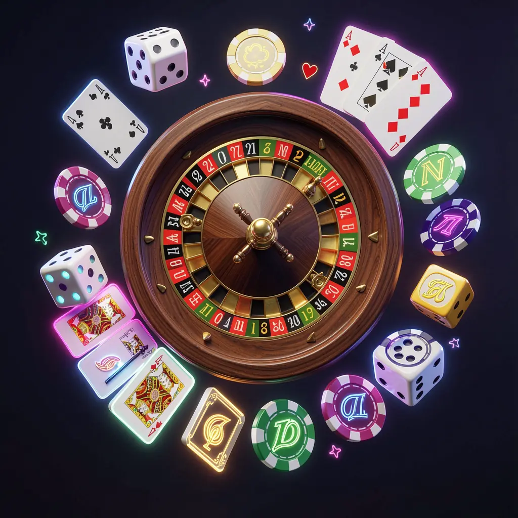TK868 online casino games collection featuring a neon glowing roulette wheel, blackjack cards, dice, slot symbols, and poker chips floating together in a premium 3D render