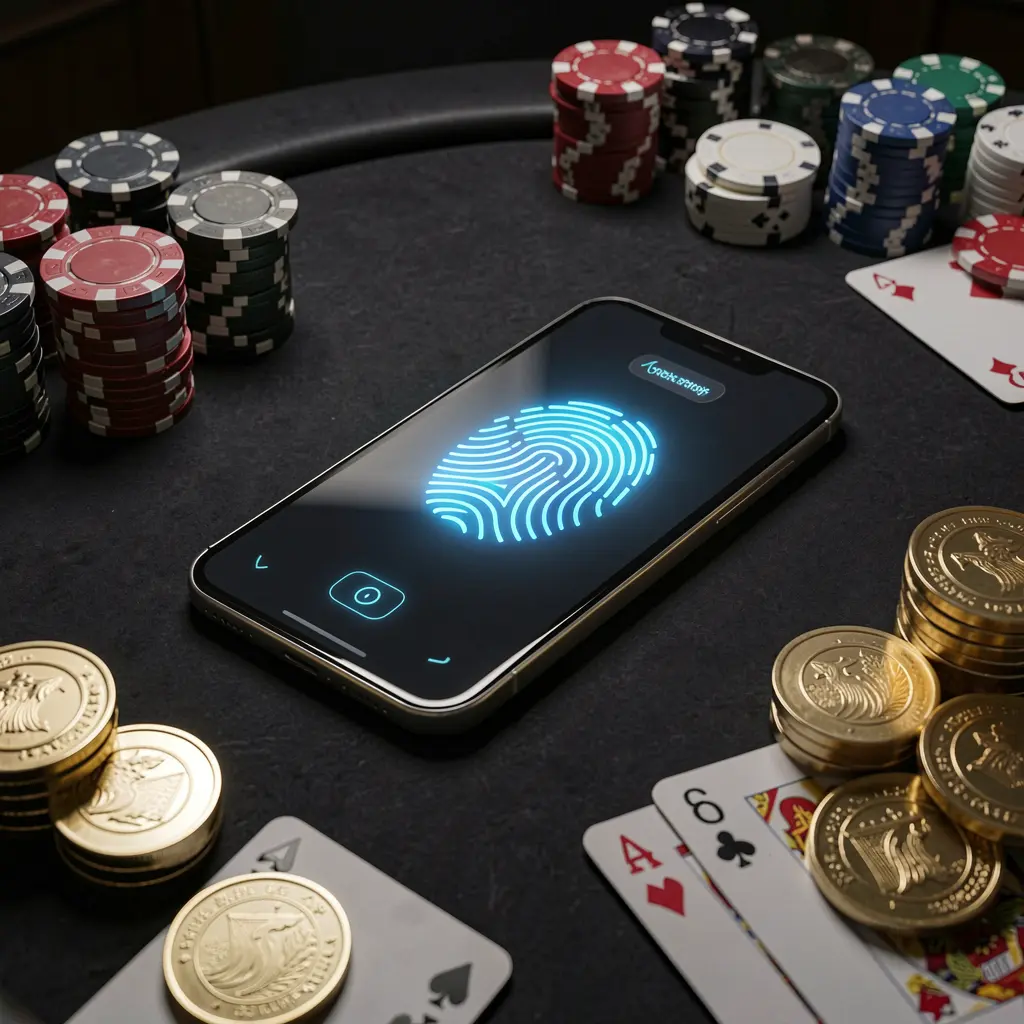 TK868 online casino authentication concept showing a phone with fingerprint scan glow on a premium black table surrounded by poker chips, golden coins, and playing cards in a cinematic 3D render TK868 online casino authentication concept showing a phone with fingerprint scan glow on a premium black table surrounded by poker chips, golden coins, and playing cards in a cinematic 3D render
