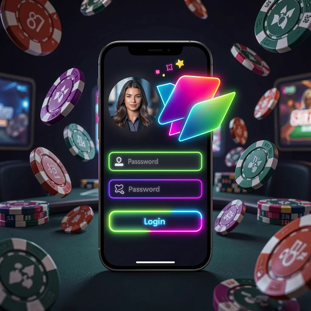 Mobile casino login screen by TK868 showing a phone with abstract UI shapes for user profile and password fields, neon glow effects, chips and coins flying around in a dark premium casino atmosphere Mobile casino login screen by TK868 showing a phone with abstract UI shapes for user profile and password fields, neon glow effects, chips and coins flying around in a dark premium casino atmosphere