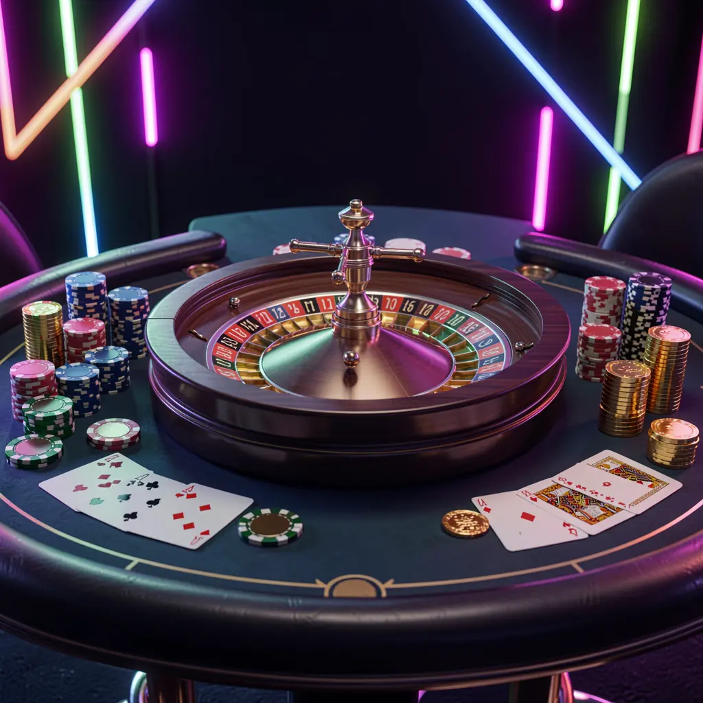 Luxury online casino table with roulette wheel, poker chips, playing cards, and golden coins on a dark premium background with neon glow, showcasing TK868's cinematic 3D render for their homepage hero banner Luxury online casino table with roulette wheel, poker chips, playing cards, and golden coins on a dark premium background with neon glow, showcasing TK868's cinematic 3D render for their homepage hero banner